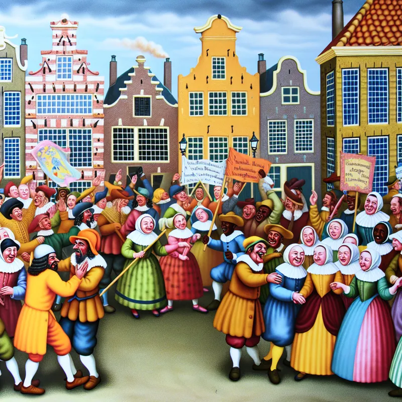 Een levendig politiek rally in een Nederlandse stad met diverse supporters van linkse partijen en kleurrijke spandoeken voor sociale rechtvaardigheid.