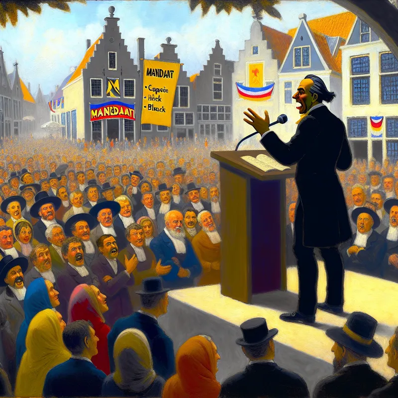 Een zelfverzekerde Nederlandse politicus spreekt tot een diverse menigte in een levendige stadsplein.