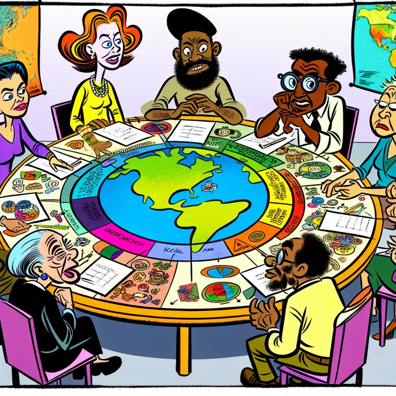 Politiek overleg met diverse cartoonfiguren rond een tafel met papieren en een kleurrijke chart over sociale doelen.