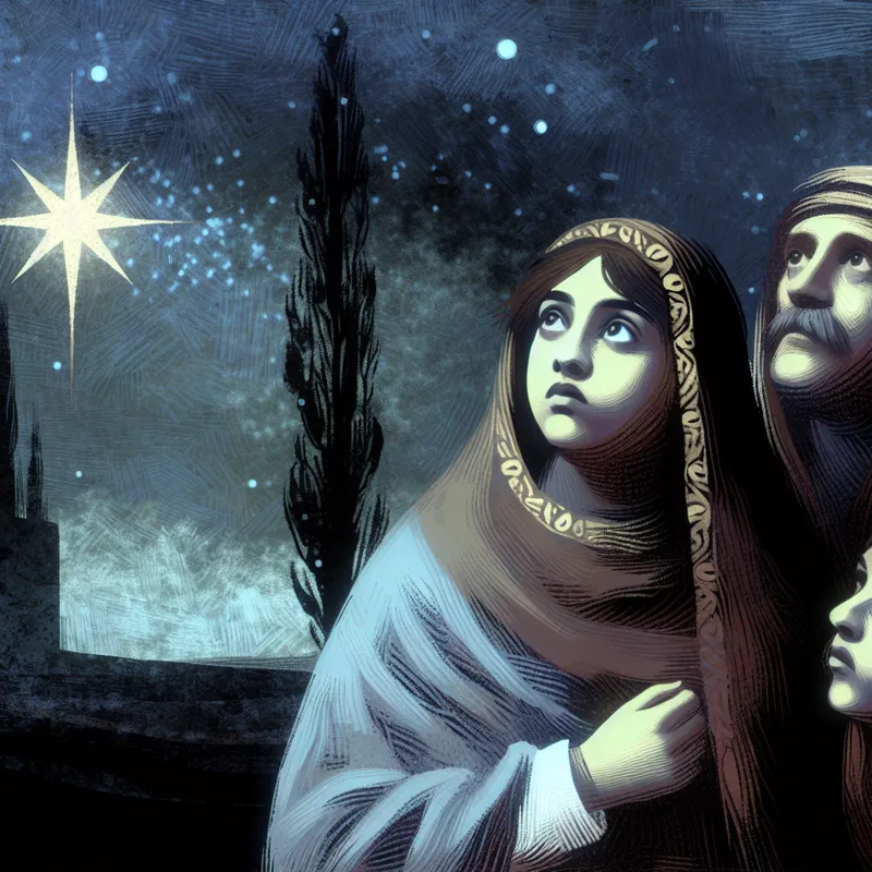 Jongere met ouders die naar de sterrenhemel kijken, met de Poolster prominent zichtbaar boven hen, in een mysterieuze omgeving.