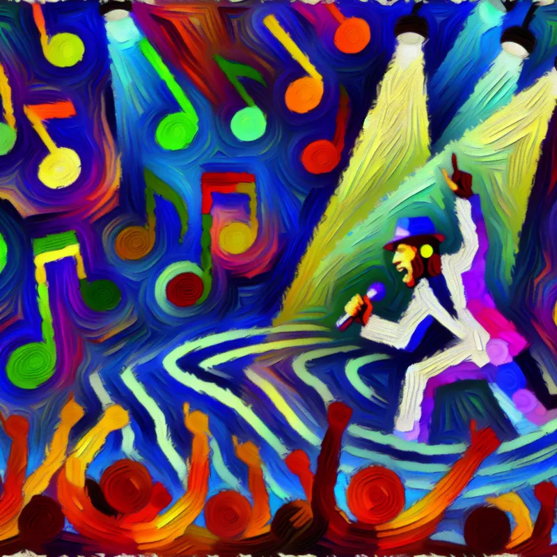 Abstracte weergave van een popmuzikant die op een levendig concertpodium optreedt, omringd door kleurrijke vormen en geluidsgolven.