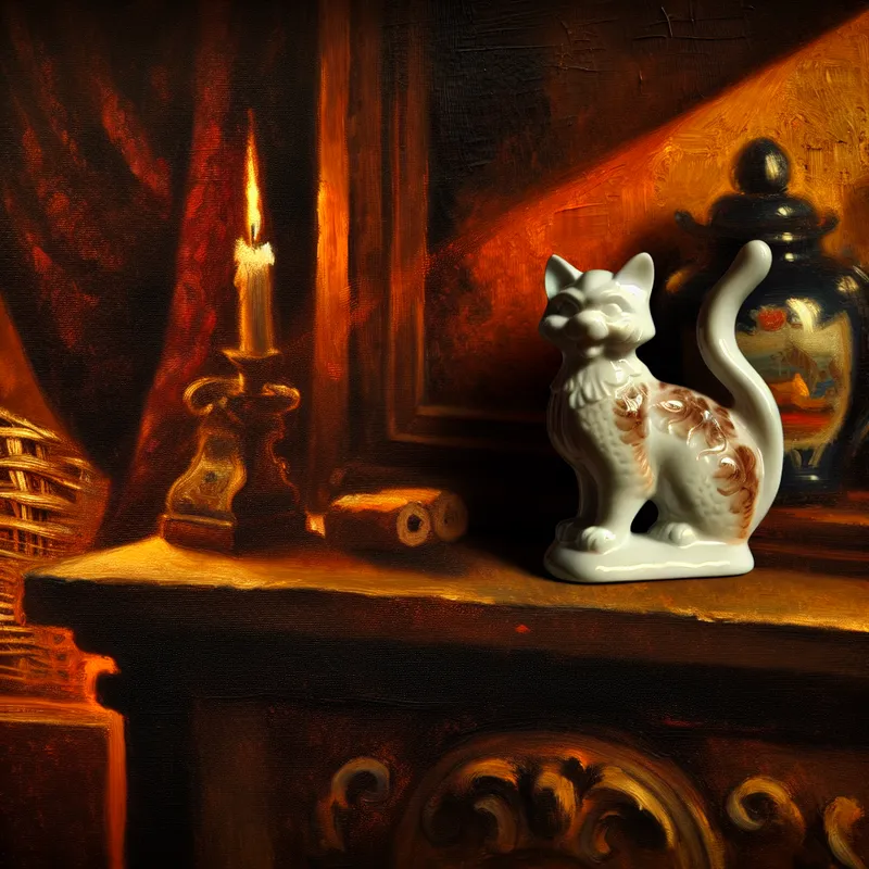 Klein porseleinen beeldje van een kat op een donkere, versierde schoorsteenmantel in Rembrandt-stijl, verlicht door gouden licht