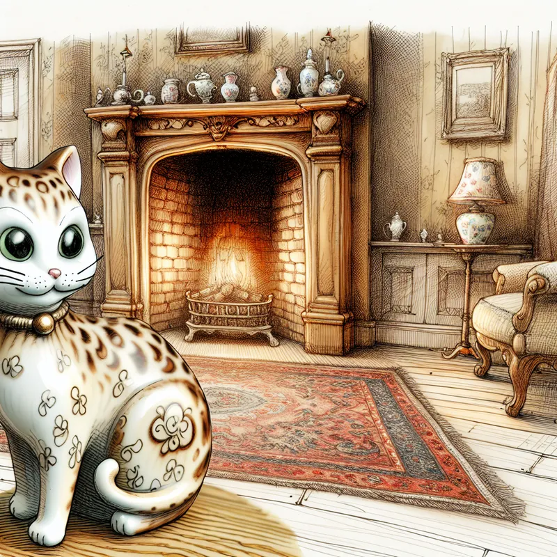 Klein porseleinen beeldje van een kat op een gezellige schoorsteenmantel in een cartoonachtige woonkamer