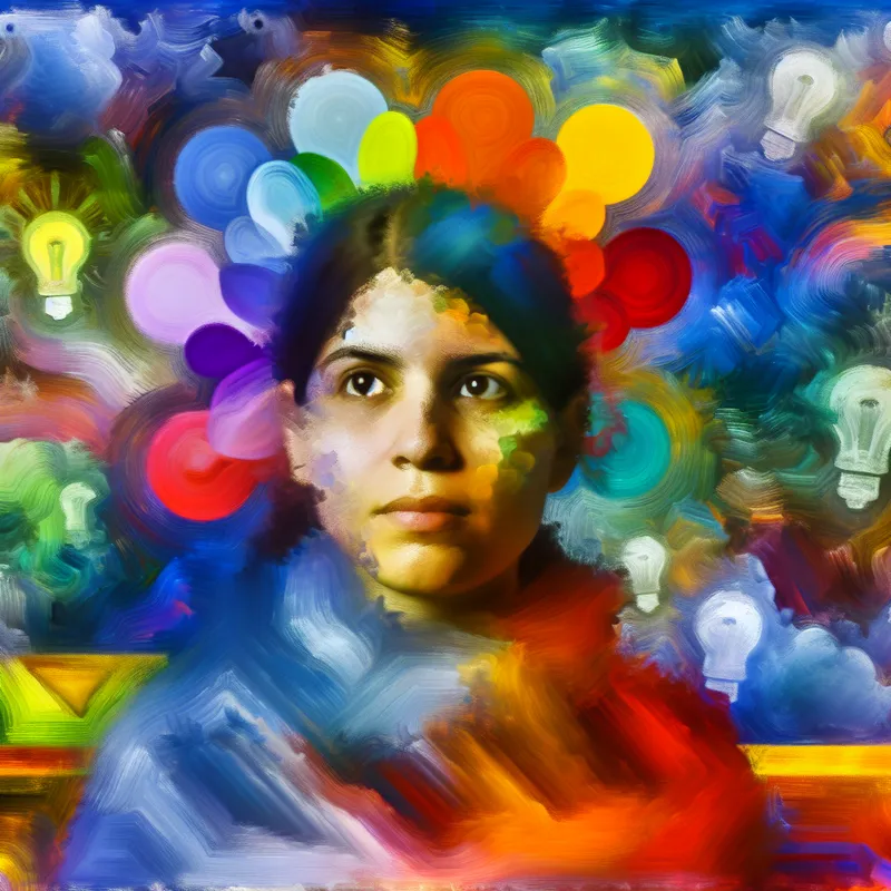 Portret van een jonge vrouw met vastberadenheid in haar ogen, omringd door kleurrijke elementen die haar gedachten en ideeën weergeven.