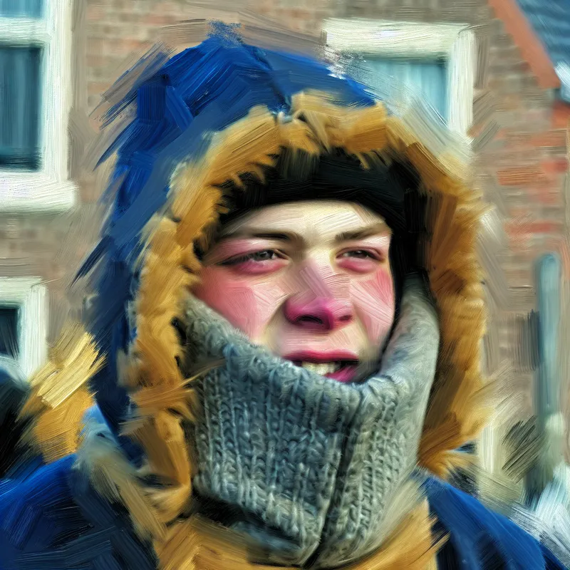 Portret van een jonge man buiten in een warme jas met zichtbare koude adem
