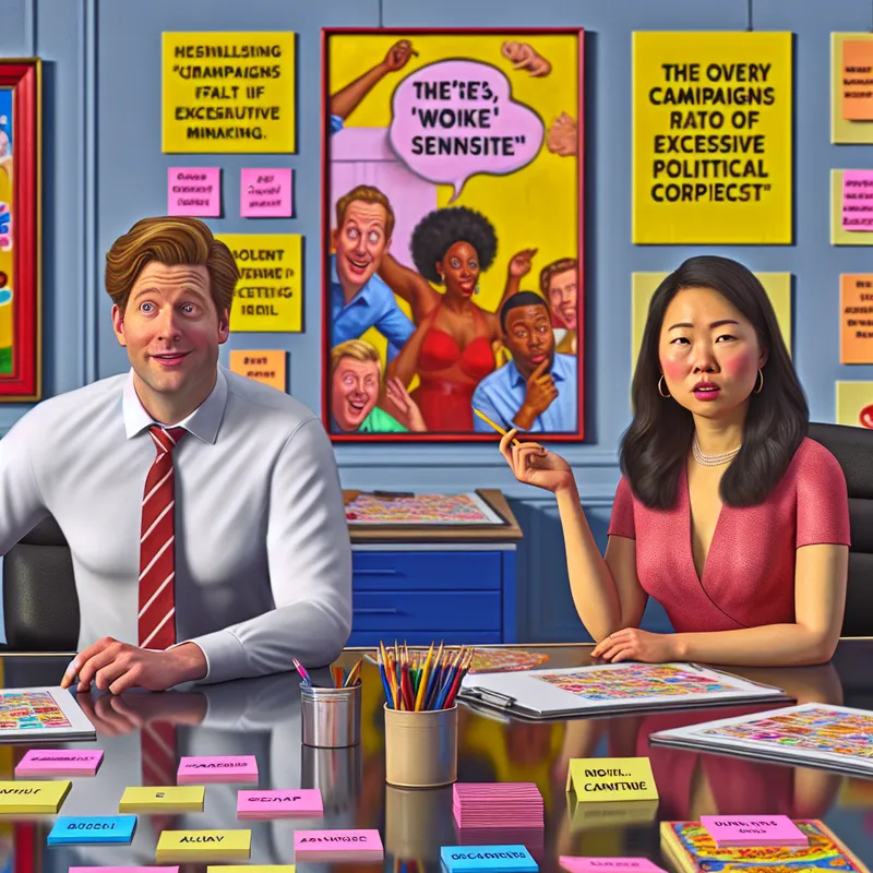 Een levendig portret van een moderne marketing executive aan een bureau, omringd door kleurrijke promotiematerialen en plakkertjes met 'inclusief' en 'gevoelig'.