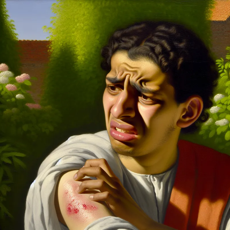 Close-up portret van een jonge meid met een distressed expressie, krabbend aan haar arm met zichtbare rode huidaanzichten vol irritatie, in een zonnige tuin.