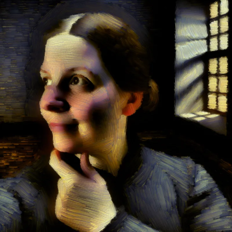 Een portret van een persoon met een contemplatieve blik in een sfeervolle, schaduwrijke ruimte, dat een geheim uitstraalt.