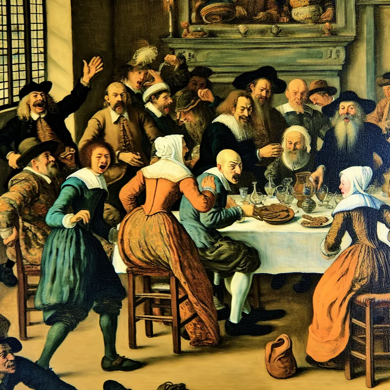 Groep mensen aan een tafel in levendige stijl van Frans Hals, met de persoon aan de rechterkant duidelijk in beeld tijdens een interactie