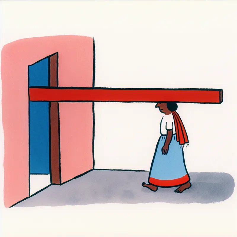 Minimalistische illustratie van een persoon die gebukt door een lage deuropening loopt om onder de houten balk te blijven