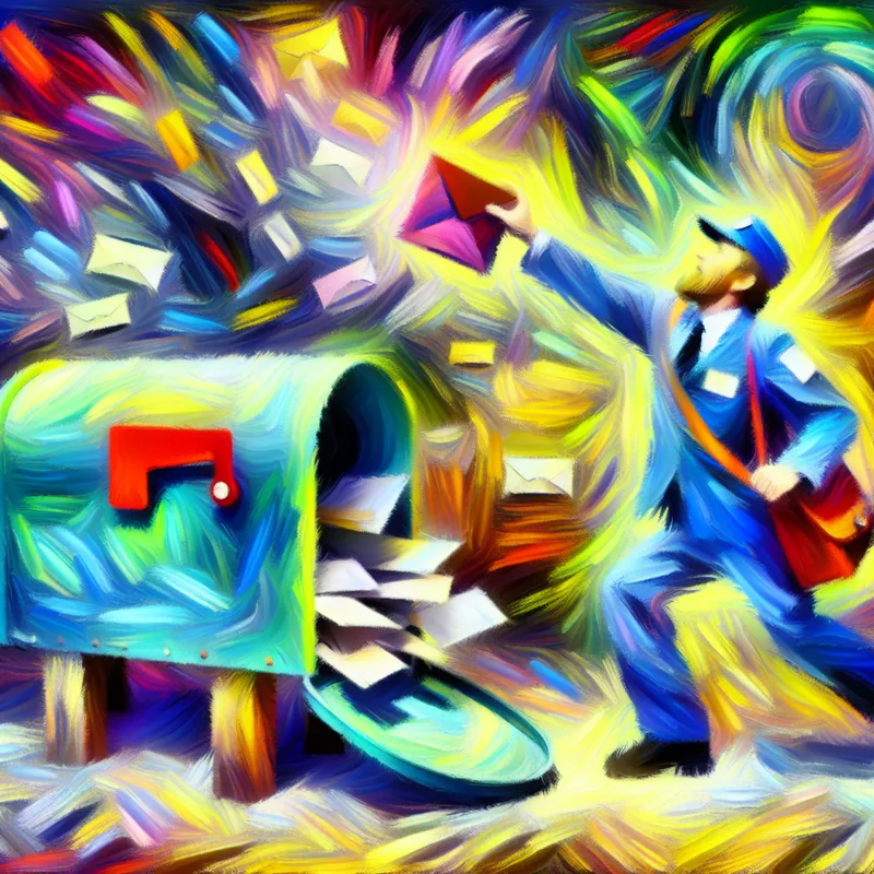 Abstract expressionistisch schilderij van een postbezorger die blij brieven haalt uit een kleurrijke, oversized brievenbus