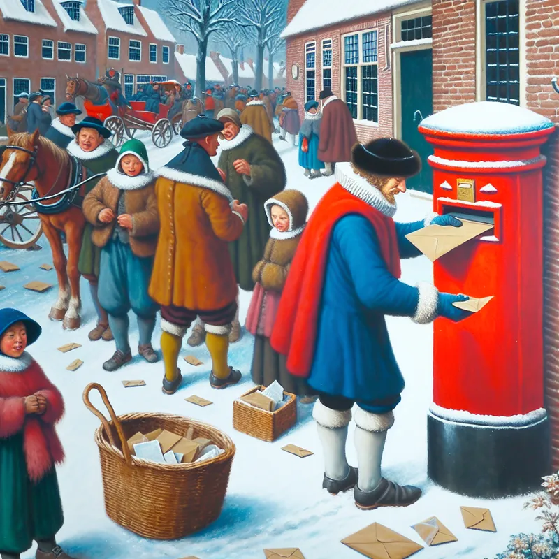 17e-eeuwse postbode haalt post uit een felrode brievenbus in een besneeuwd Nederlands dorp, omringd door spelende kinderen en dorpsbewoners