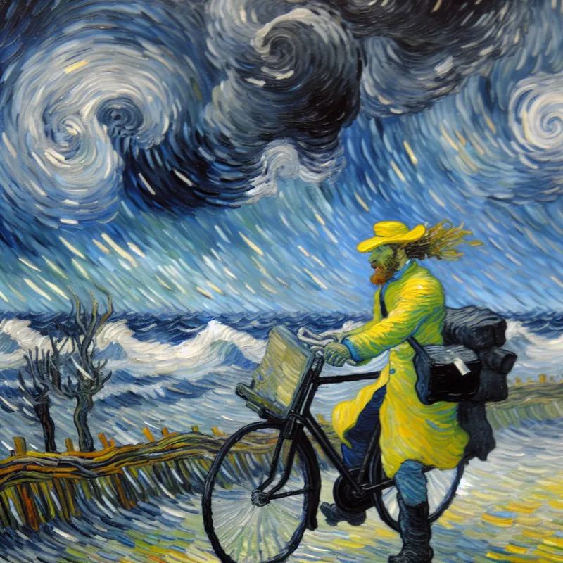 Vincent van Gogh-achtige schildering van een vastberaden postbode op een fiets in stormachtig weer, met een felgele regenjas die contrasteert met donkere, kolkende luchten en regen