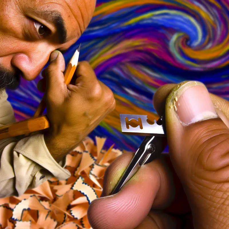 Een close-up van een vakman die met een scheermes de punt van een potlood fijn snijdt, omringd door kleurrijke achtergrond in de stijl van Van Gogh.
