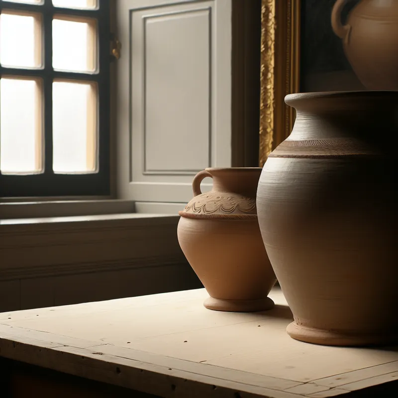 Twee prachtig vervaardigde potten van klei op een lichte houten tafel, verlicht door natuurlijk licht.