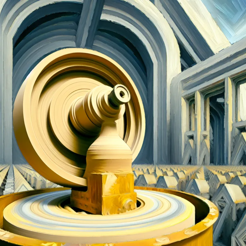 Hyperrealistisch surrealistisch tafereel van een monumentale pottenbakkersschijf met verse klei, omringd door geometrische architectuur in dramatisch licht