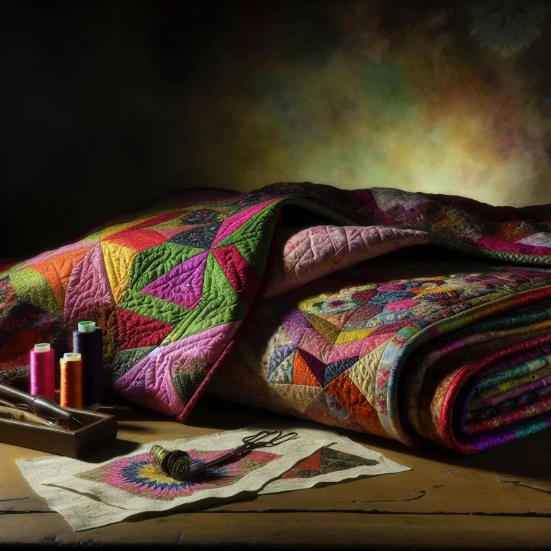 Close-up van een prachtig handgemaakt quilt met kleurrijke stiksels en delicate patronen, op een vintage houten tafel.