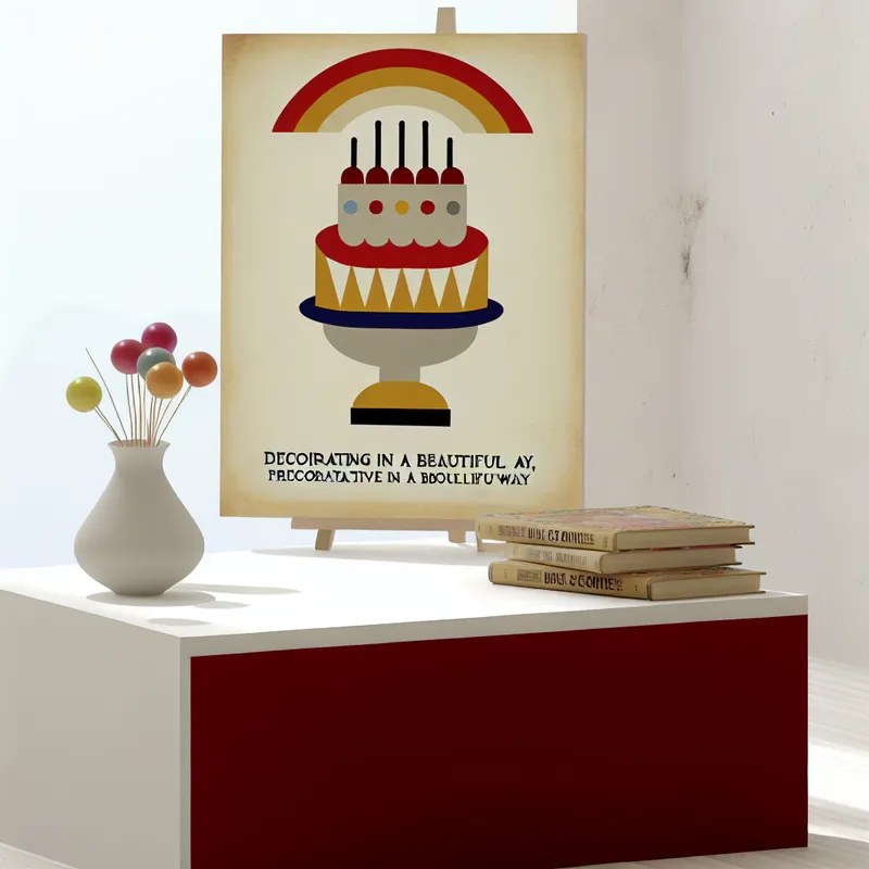 Een prachtig versierde cake op een minimalistische tafel met een kinderlijke en vrolijke uitstraling, geïnspireerd op de kunst van Dick Bruna.