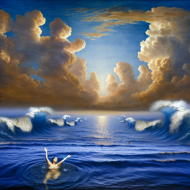 Vrouw zwemt vreugdevol in helderblauwe zee met hoge golven en een dramatische lucht op de achtergrond