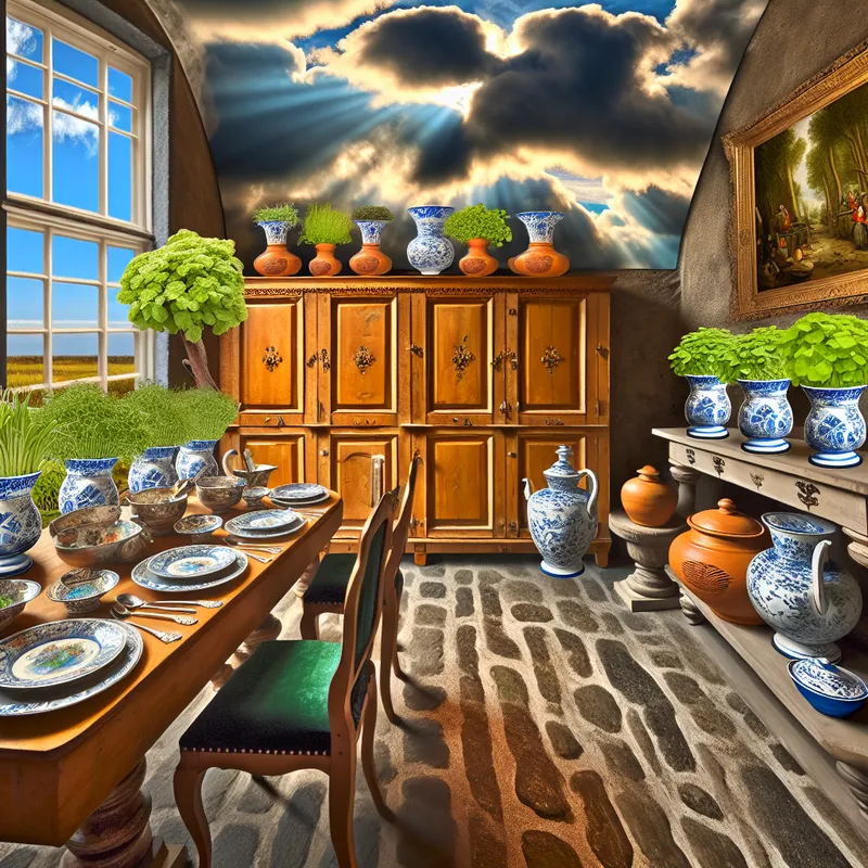 Ruimtelijke keuken met een elegant eetgedeelte, voorzien van porseleinen borden en zilverwerk, omringd door groene kruidenpotten.