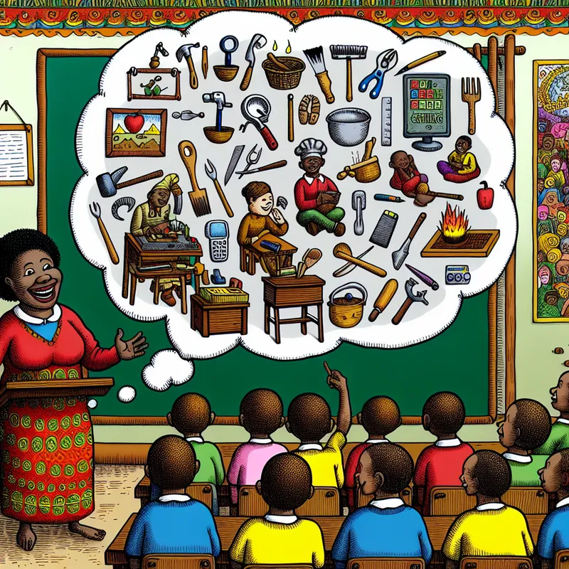 Een vrolijke docent leidt een workshop praktische vaardigheden met enthousiaste studenten die bezig zijn met houtbewerking, koken en coderen.