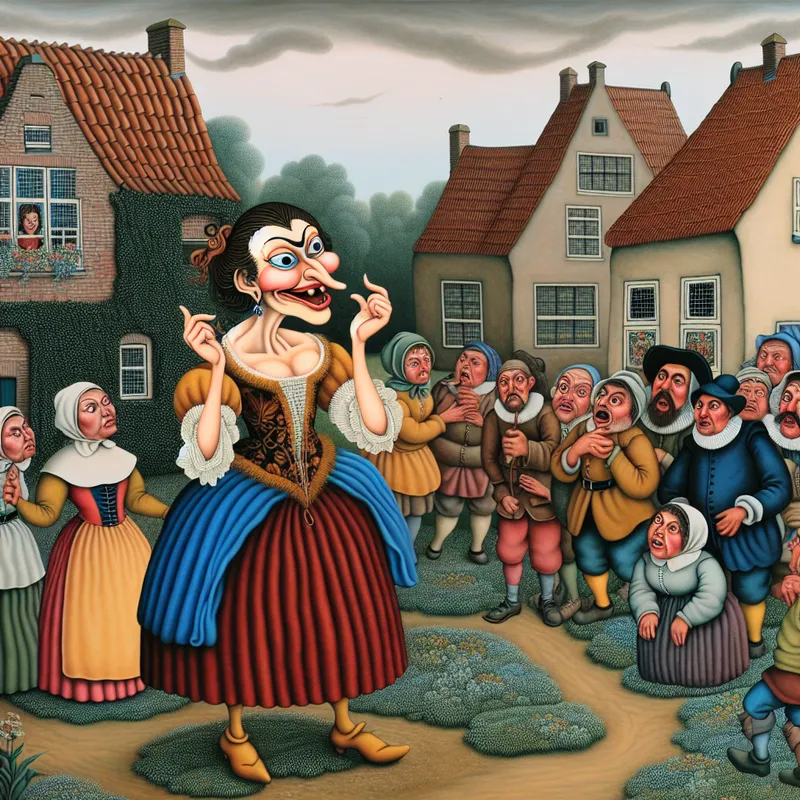 Een vrolijke vrouw praat druk met een groep verwonderde dorpelingen in een sprookjesachtige setting.