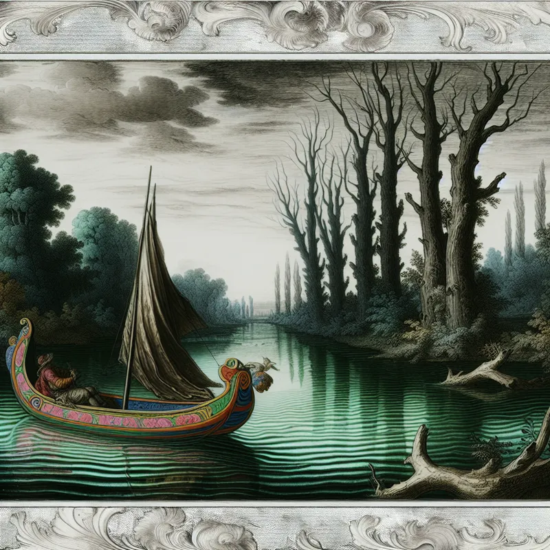 Een prauw vaart elegant over een rivier, omgeven door weelderig groen.