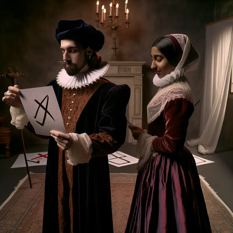 17e-eeuws Nederlands schilderij van twee personen die papieren tonen met een kruis en een vinkje, symboliserend exact en niet exact in een taalcontext