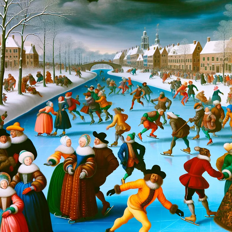 Levendige wintertafereel op een bevroren kanaal waar schaatsers plotseling stilvallen bij de komst van een man, het precieze tijdstip benadrukkend