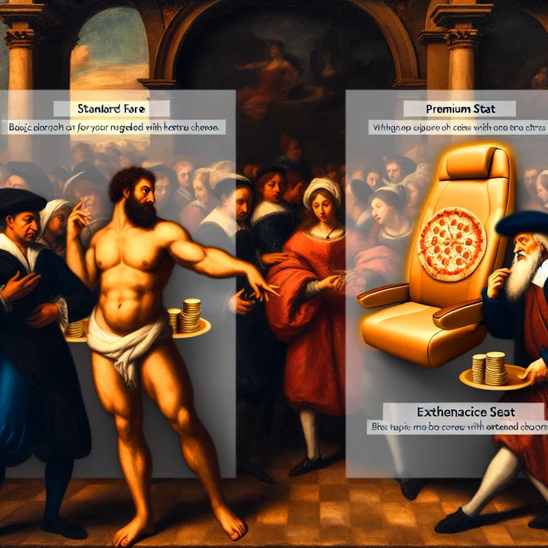 Barokke marktscène met handelaar en klant die onderhandelen over een standaard en een premium optie, zoals een pizza of vliegtuigstoel, met nadruk op het concept 'optie'