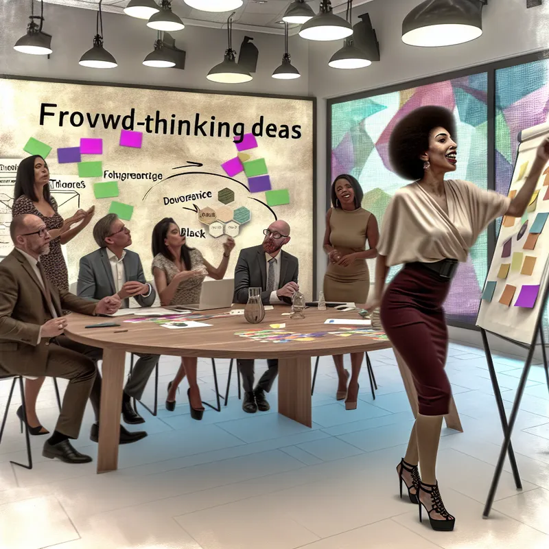 Een enthousiaste vrouw presenteert haar ideeën in een moderne vergaderzaal met een diverse groep mensen.