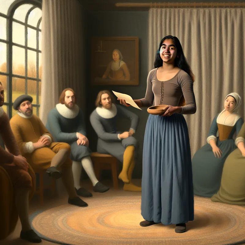 Een jonge vrouw presenteert met een glimlach aan een groep luisterende mensen in een 17e-eeuwse omgeving.