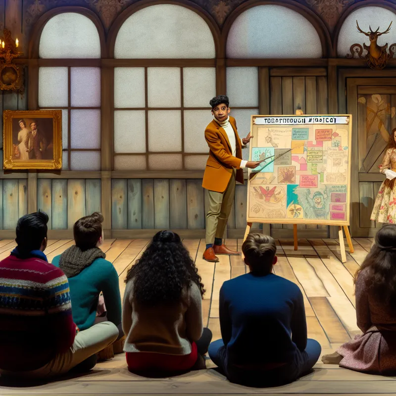 Een man presenteert enthousiast een kleurrijke geïllustreerde grafiek in een vintage presentatieruimte, omringd door een geïnteresseerd publiek.