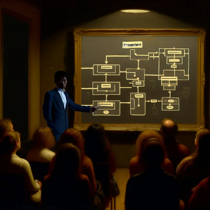Een presentator wijst naar een vloeiende stroomdiagram op een presentatiebord in een zwak verlichte ruimte, terwijl het publiek aandachtig kijkt.