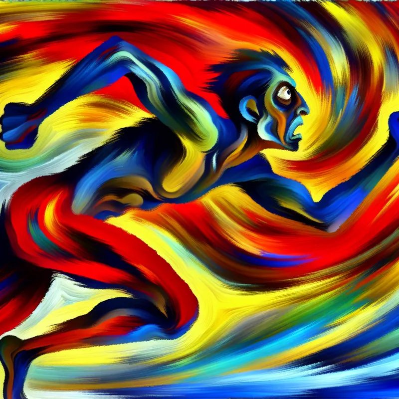 Abstracte voorstelling van een hardloper die tot het uiterste gaat, met felle kleuren en expressieve penseelstreken in de stijl van Karel Appel