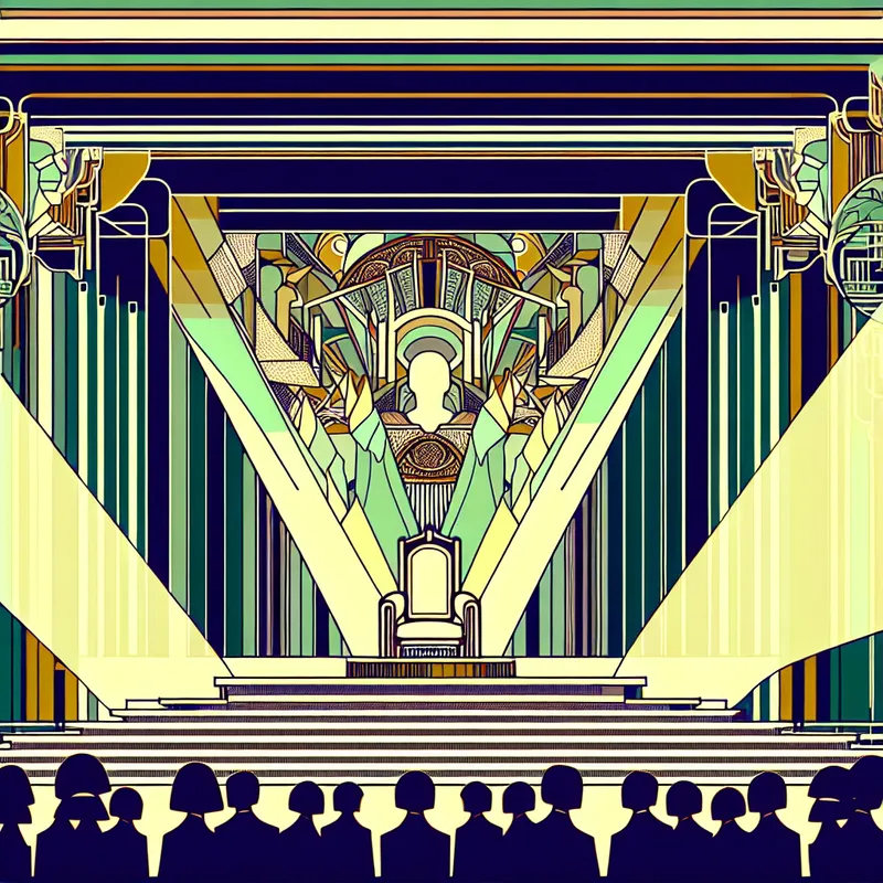 Een lege stoel gemarkeerd als 'Gast van Eer' op een literair evenement met retro-futuristische elementen.