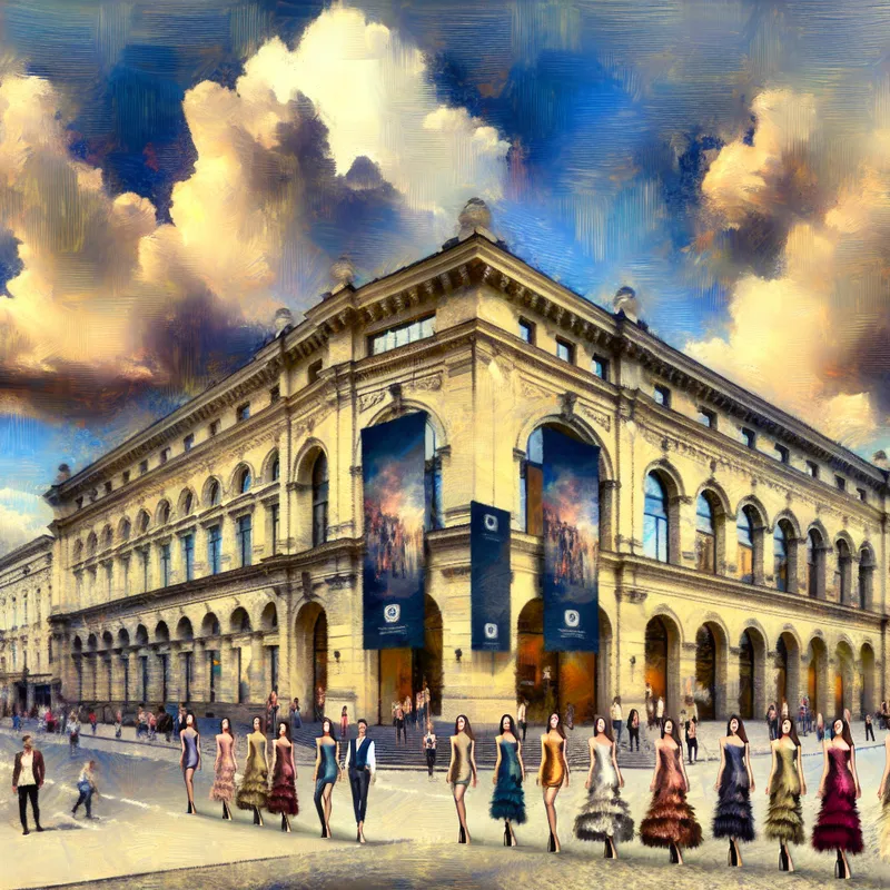 Elegante modehuis in een levendige stad met mode modellen en drukke straten