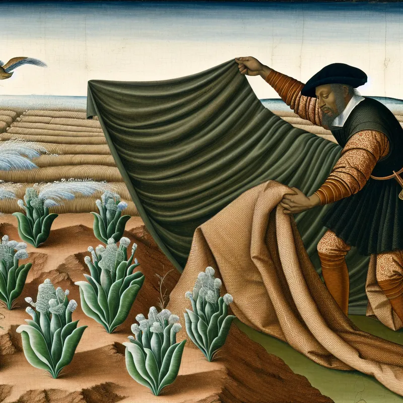 17e-eeuwse Nederlandse boer dekt jonge gewassen af met dikke dekens tegen vorst als preventieve maatregel