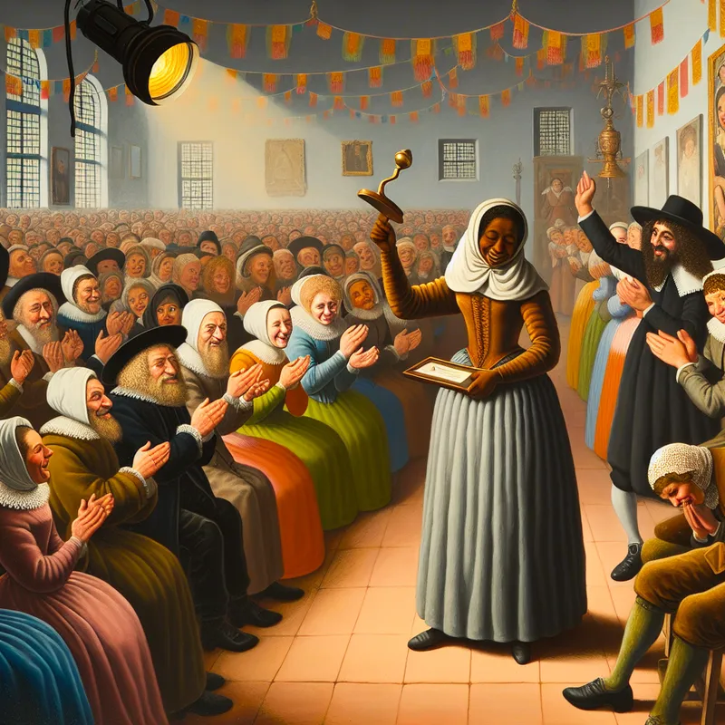 Een vrouw ontvangt trots een prestigieuze prijs tijdens een uitreiking in een grote zaal, omringd door applaudisserende gasten.