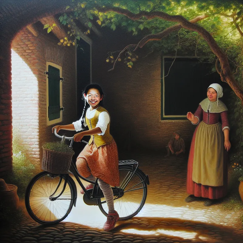 Jong meisje fietst zelfverzekerd door een 17e-eeuws Nederlands dorp, zwaaiend naar haar moeder, in warme Rembrandt-stijl met chiaroscuro