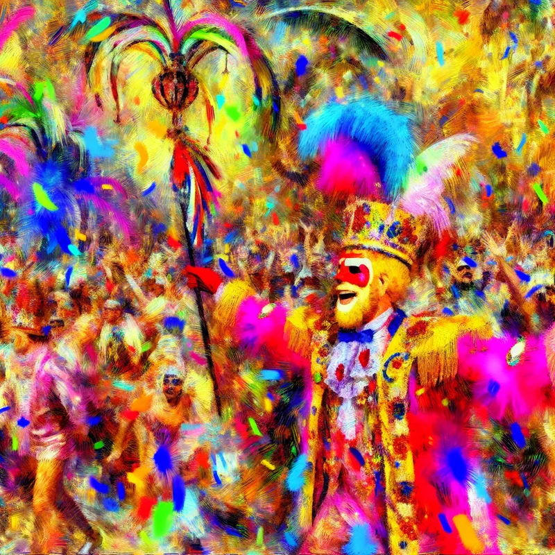 Prins carnaval in kleurrijke abstract-expressionistische stijl met feestende menigte tijdens Nederlands-Belgisch carnaval