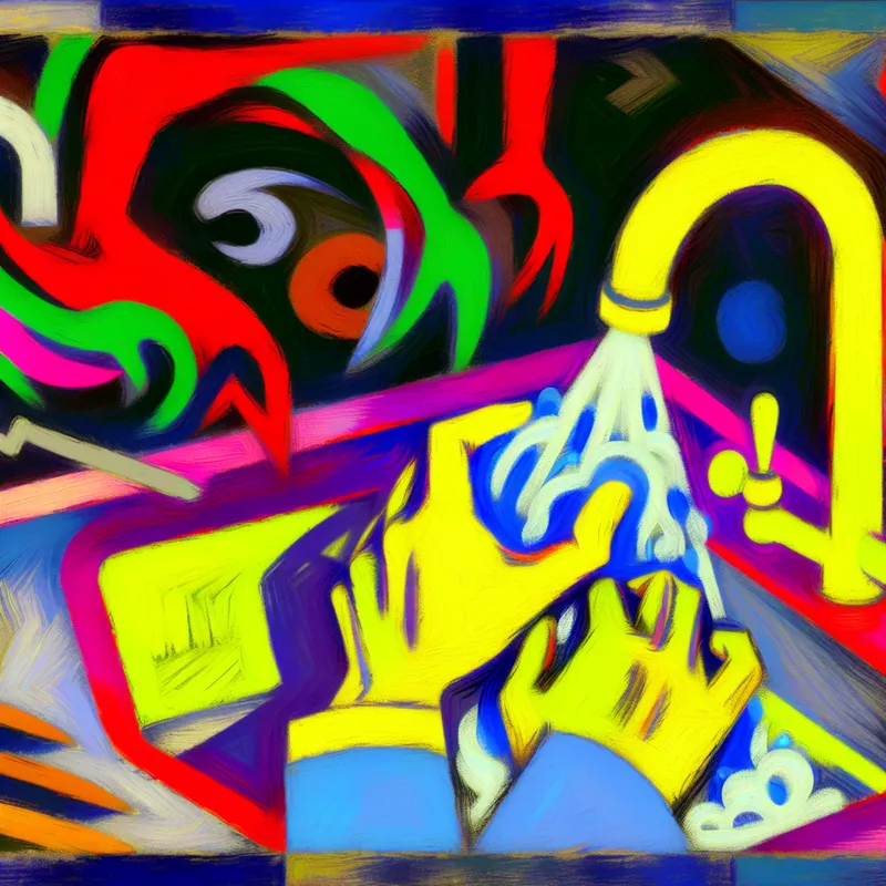 Abstracte keukenscène in stijl van Karel Appel met opvallende, gloeiende handen die onder een kraan wassen, symbool voor prioriteit en hygiëne