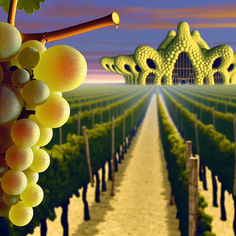 Hyper-realistisch uitzicht op een wijngaard bij zonsopgang met een cluster rijpe druiven in de foreground.