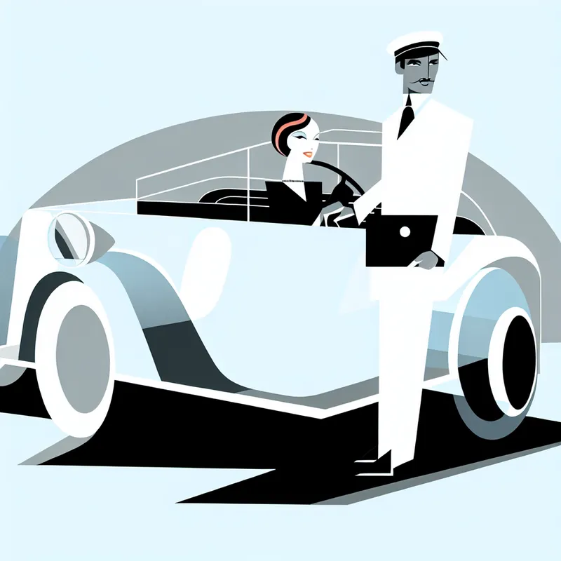 Minimalistische illustratie van een privéchauffeur die een klant rijdt in een moderne auto, in de stijl van Dick Bruna