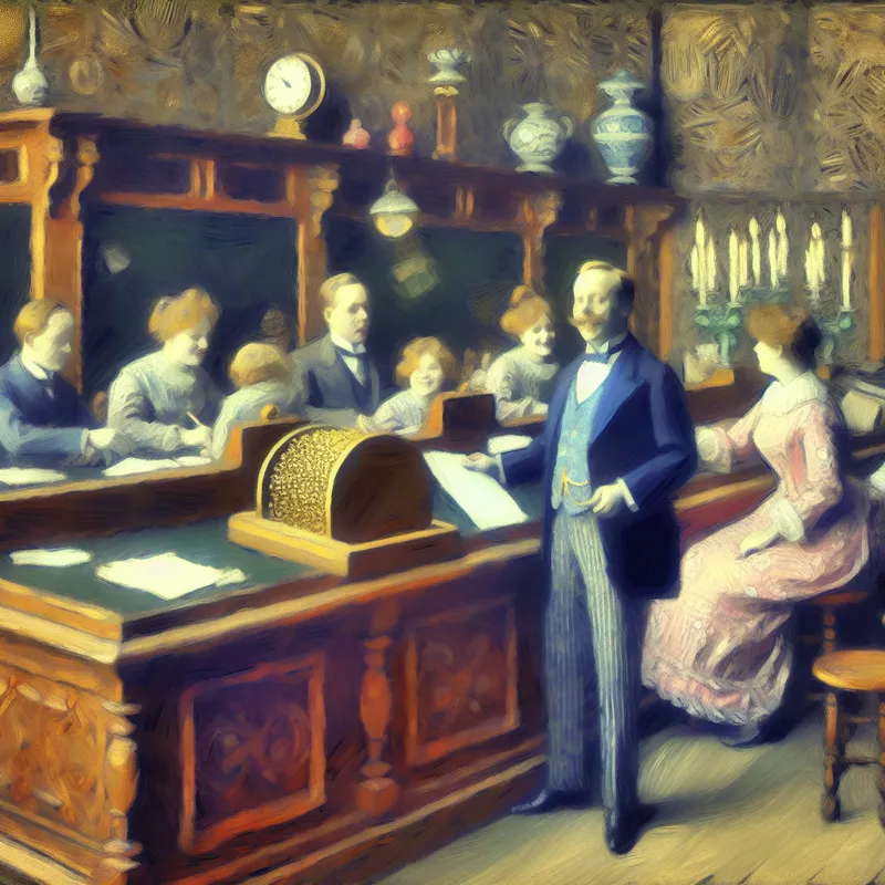 Vriendelijke directeur lost probleem op in nostalgisch kantoor met blije medewerkers die op tijd hun salaris ontvangen, in sprookjesachtige vintage stijl