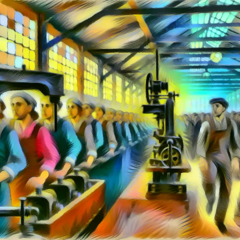 Een productieomgeving met enkele bezorgde arbeiders en gedeeltelijk actieve machines, wat wijst op een afname in productie en hogere werkloosheid.