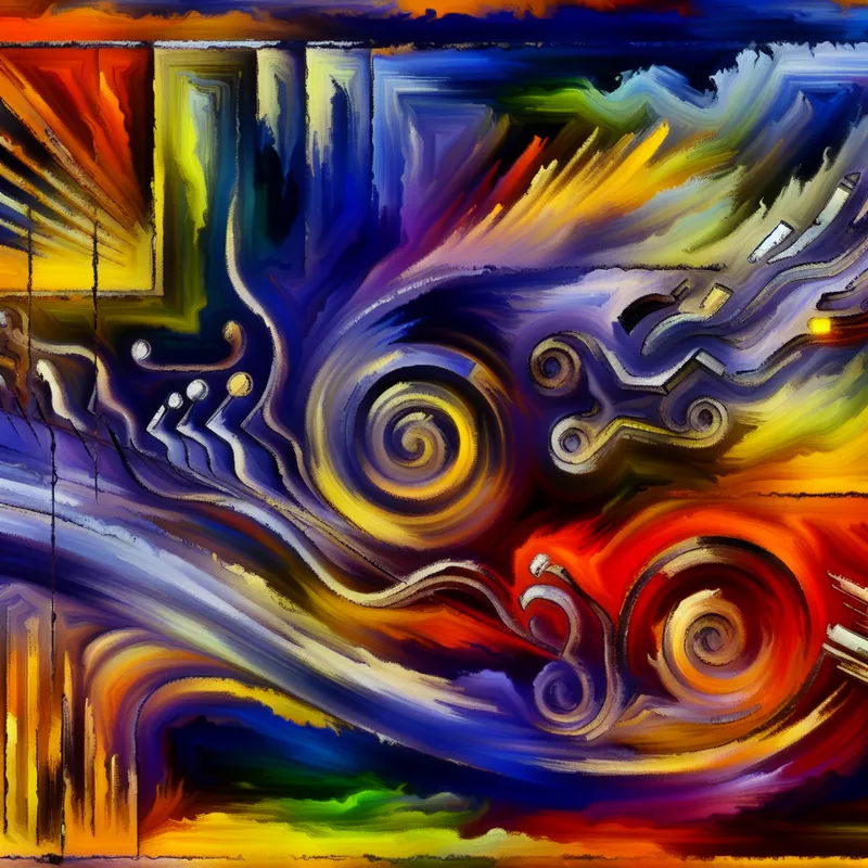 Abstracte expressie van een productontwikkelingstijdlijn met kleurrijke penseelstreken en schetsen.