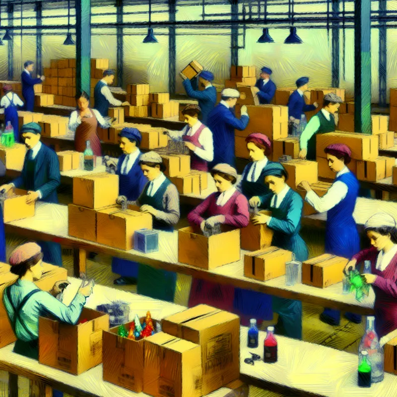 Drukke magazijnscène waarin werknemers zorgvuldig goederen in kartonnen dozen verpakken, met een focus op detail en een modern retro-futuristisch ontwerp.