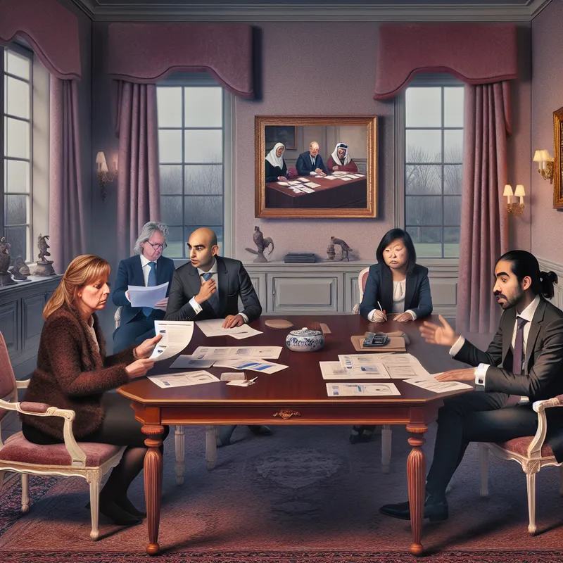 Kantoorscène met professionals in een vergadering over begrotingssnijdingen, met een bezorgde werknemer die naar hun kleinere salaris kijkt.