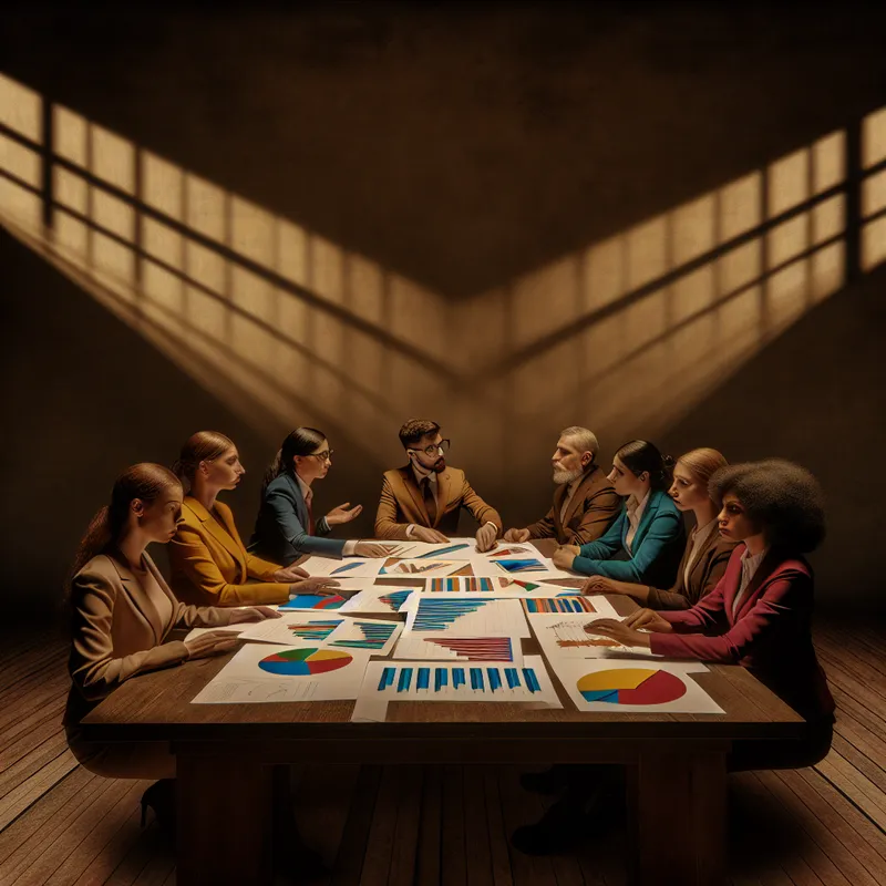 Groep van diverse professionals rond een houten tafel, bespreken grafieken en diagrammen